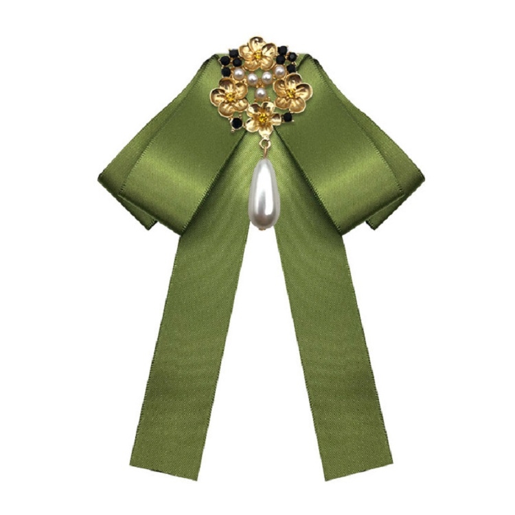 Ladies Retro Style Cloth Fabric Pearl Diamond Brooch Bow Tie Bow Clothing Accessories, Style:Pin Buckle Version(Olive Green)