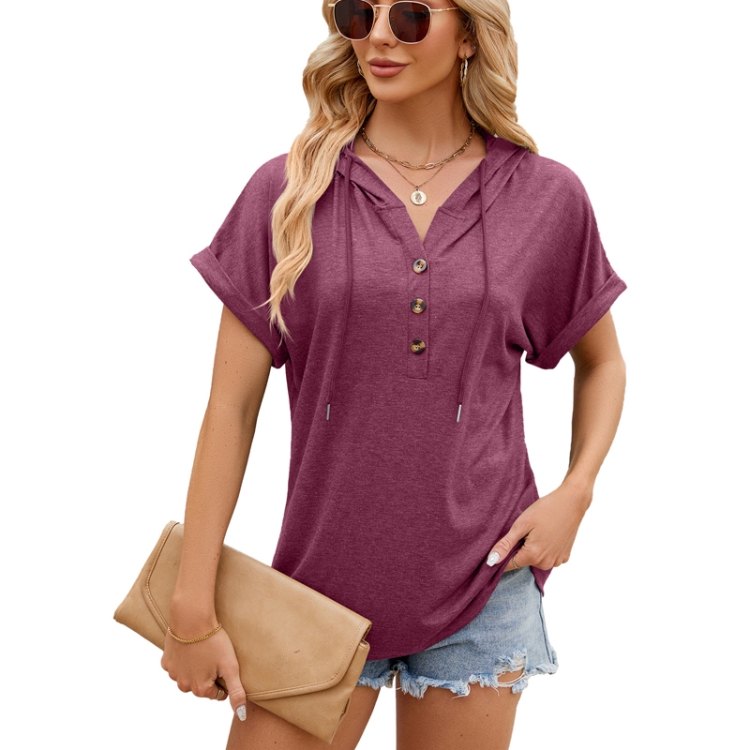Ladies Summer Hooded Button Loose Short Sleeve T-Shirt Blouse, Size: S(Wine Red)