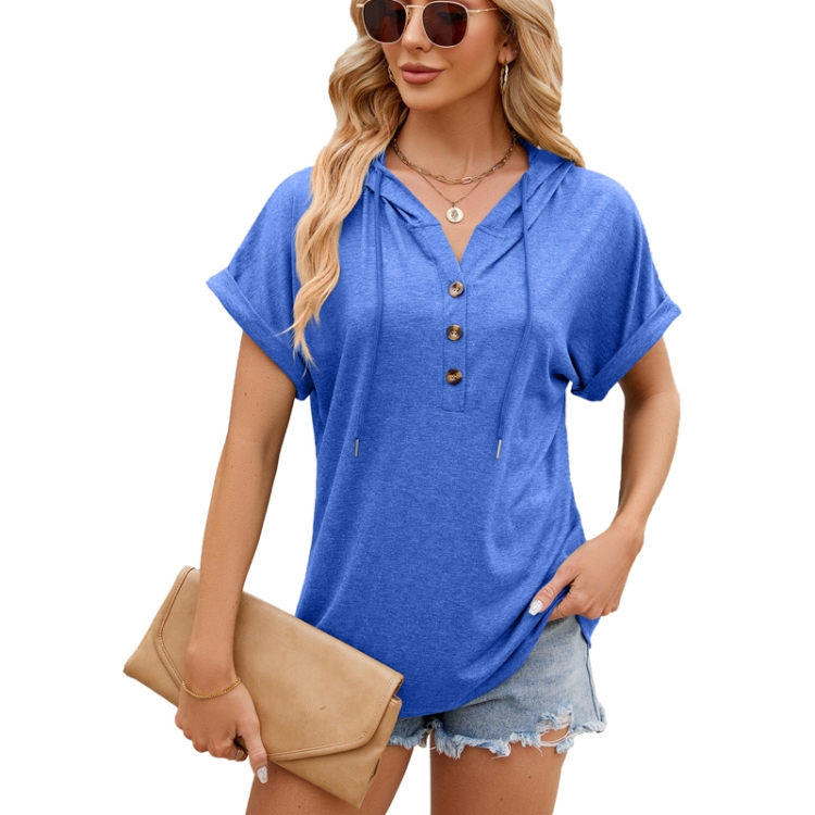 Ladies Summer Hooded Button Loose Short Sleeve T-Shirt Blouse, Size: XL(Blue)