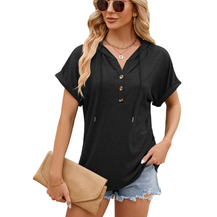 Ladies Summer Hooded Button Loose Short Sleeve T-Shirt Blouse, Size: XXL(Black)