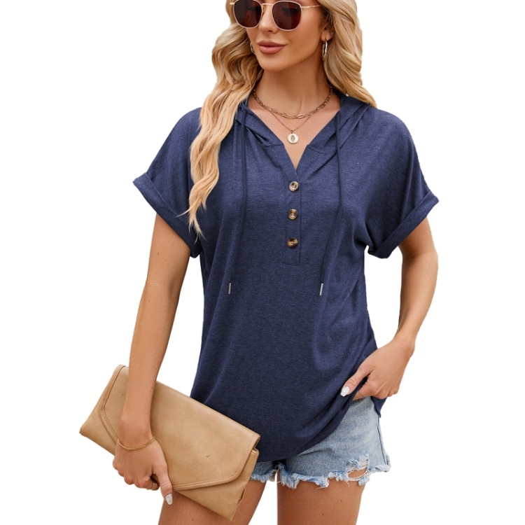 Ladies Summer Hooded Button Loose Short Sleeve T-Shirt Blouse, Size: XXL(Navy)