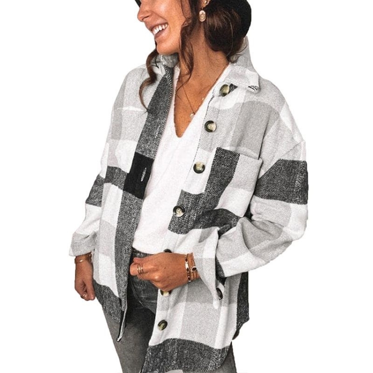 Lapel Long Sleeve Flannel Check Shirt Loose Casual Cardigan Jacket for Ladies (Color:Black And White Size:S)
