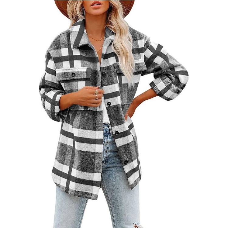 Lapel Long Sleeve Flannel Check Shirt Loose Casual Cardigan Jacket for Ladies (Color:Black And White Size:XL)