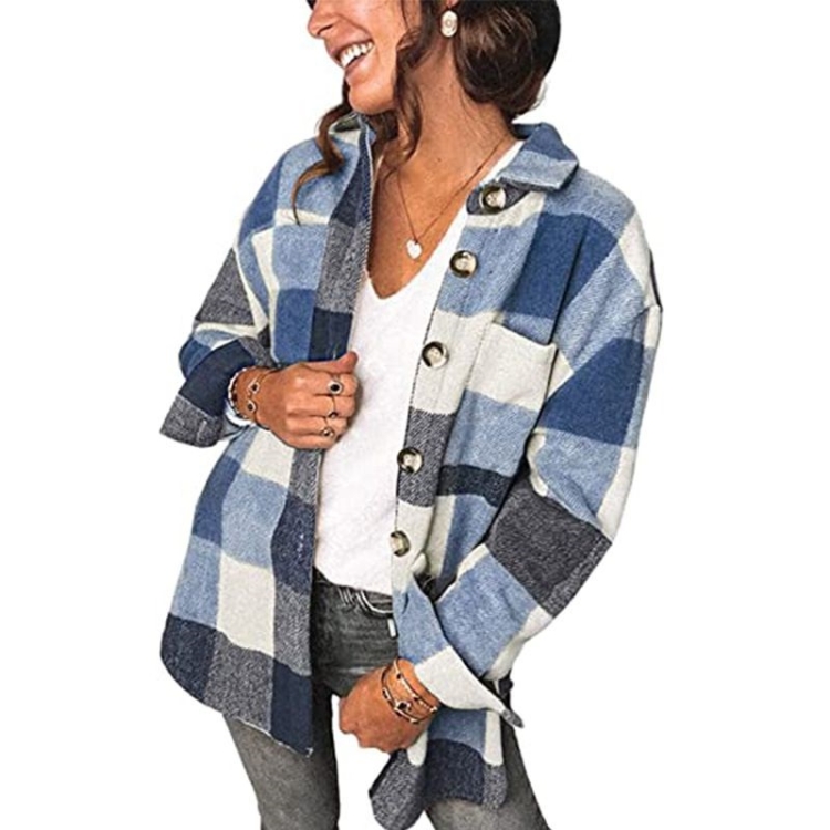 Lapel Long Sleeve Flannel Check Shirt Loose Casual Cardigan Jacket for Ladies (Color:Blue Size:L)
