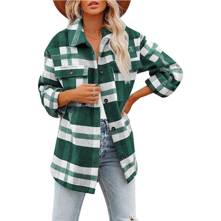 Lapel Long Sleeve Flannel Check Shirt Loose Casual Cardigan Jacket for Ladies (Color:Green Size:M)