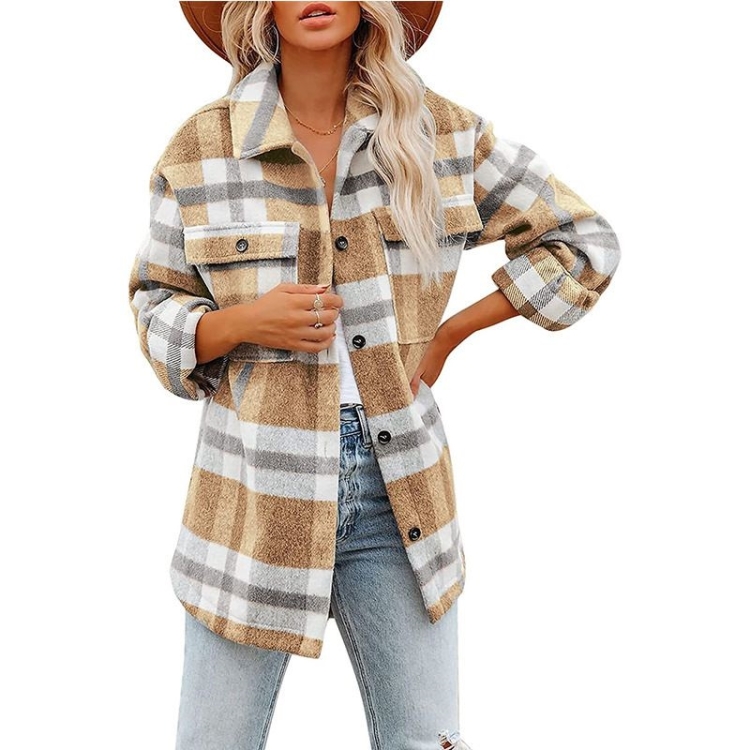 Lapel Long Sleeve Flannel Check Shirt Loose Casual Cardigan Jacket for Ladies (Color:Khaki Size:M)