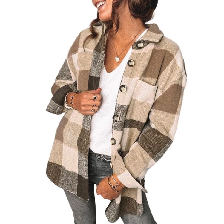 Lapel Long Sleeve Flannel Check Shirt Loose Casual Cardigan Jacket for Ladies (Color:Khaki Size:XL)