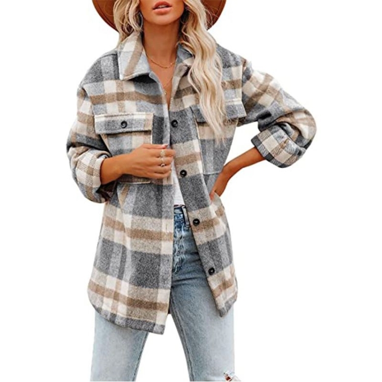 Lapel Long Sleeve Flannel Check Shirt Loose Casual Cardigan Jacket for Ladies (Color:Light Gray Size:M)