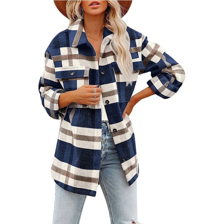 Lapel Long Sleeve Flannel Check Shirt Loose Casual Cardigan Jacket for Ladies (Color:Navy Blue Size:XXL)