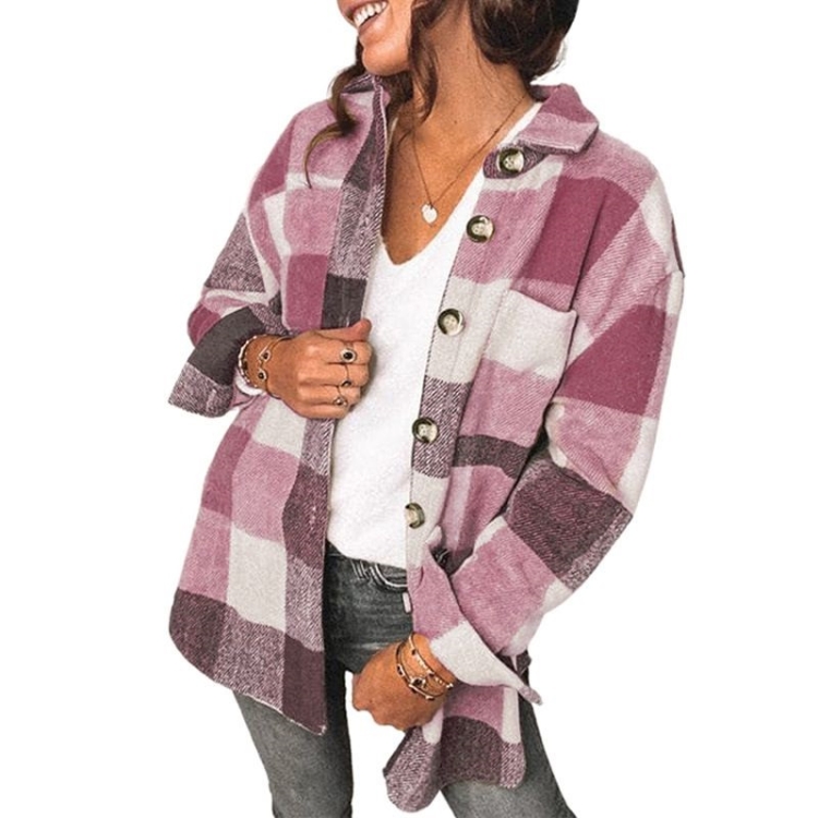 Lapel Long Sleeve Flannel Check Shirt Loose Casual Cardigan Jacket for Ladies (Color:Purple Red Size:XL)