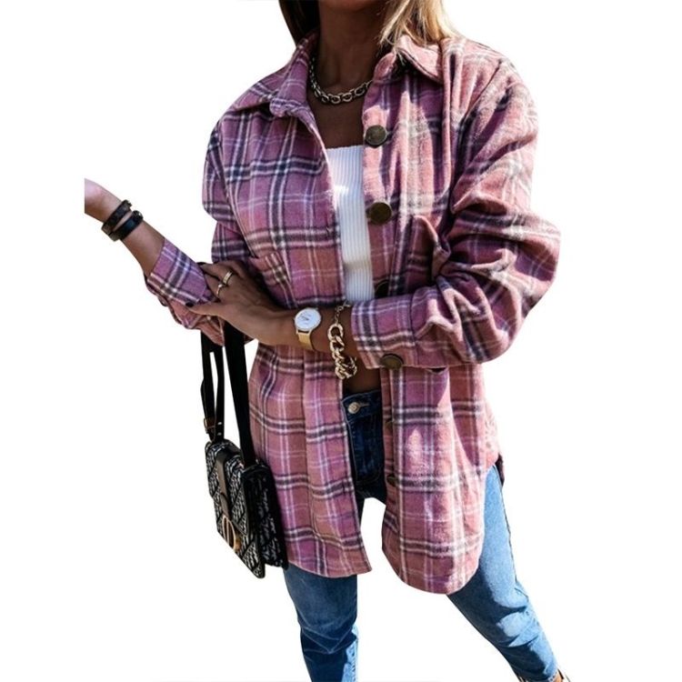Lapel Long-sleeved Plaid Cardigan Shirt Loose Casual Woolen Coat for Ladies (Color:Pink Size:XL)