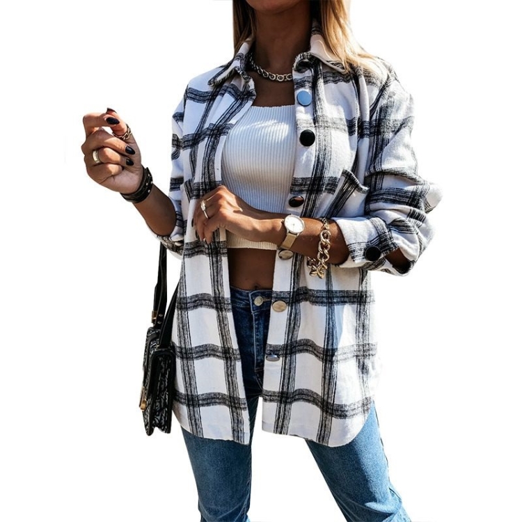 Lapel Long-sleeved Plaid Cardigan Shirt Loose Casual Woolen Coat for Ladies (Color:White Size:M)
