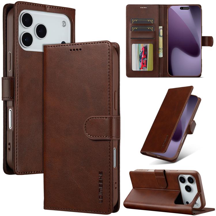 LC.IMEEKE Calf Texture Horizontal Flip Leather Case For iPhone 17 Pro(Brown)
