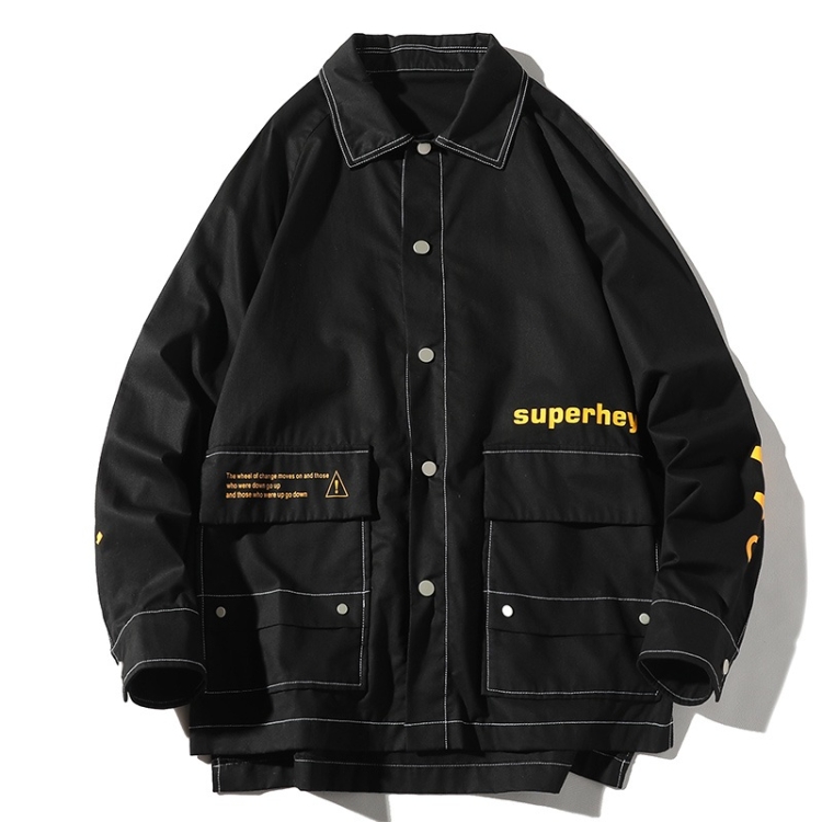 Letters Print Long Sleeve Coat Casual Jacket for Men (Color:Black Size:L)