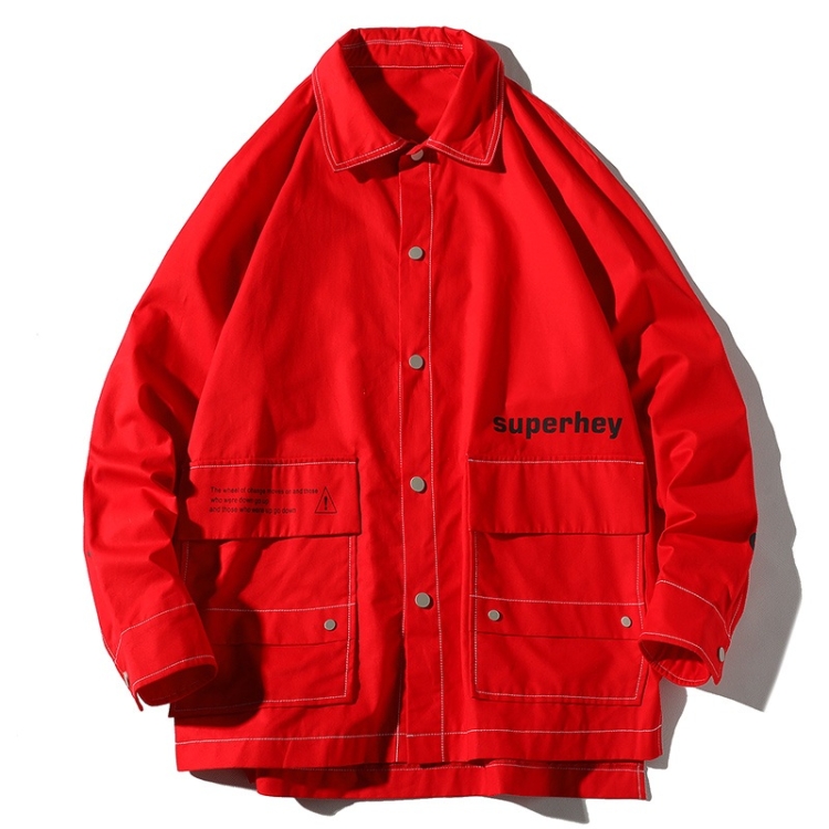 Letters Print Long Sleeve Coat Casual Jacket for Men (Color:Red Size:XXXL)