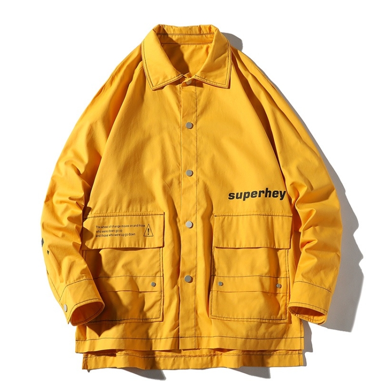 Letters Print Long Sleeve Coat Casual Jacket for Men (Color:Yellow Size:L)