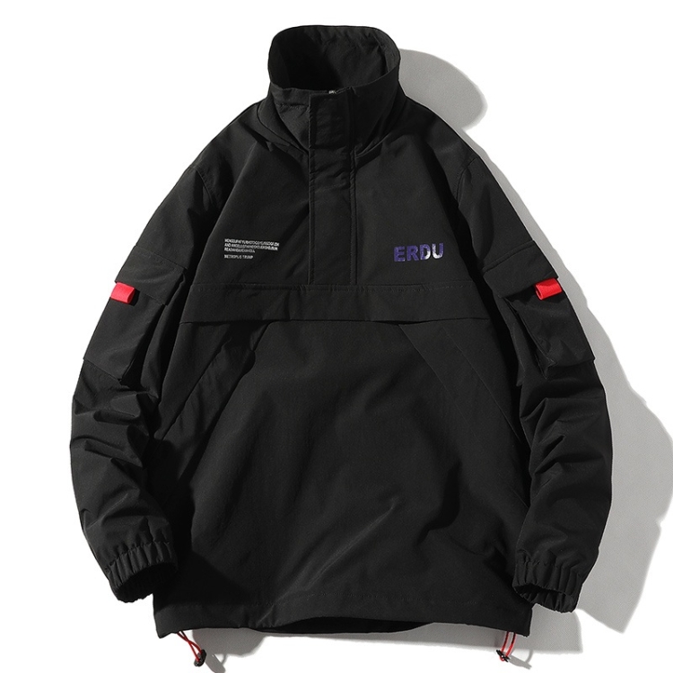 Letters Printed Stand Collar Pullover Coat Loose Casual Jacket for Men (Color:Black Size:M)