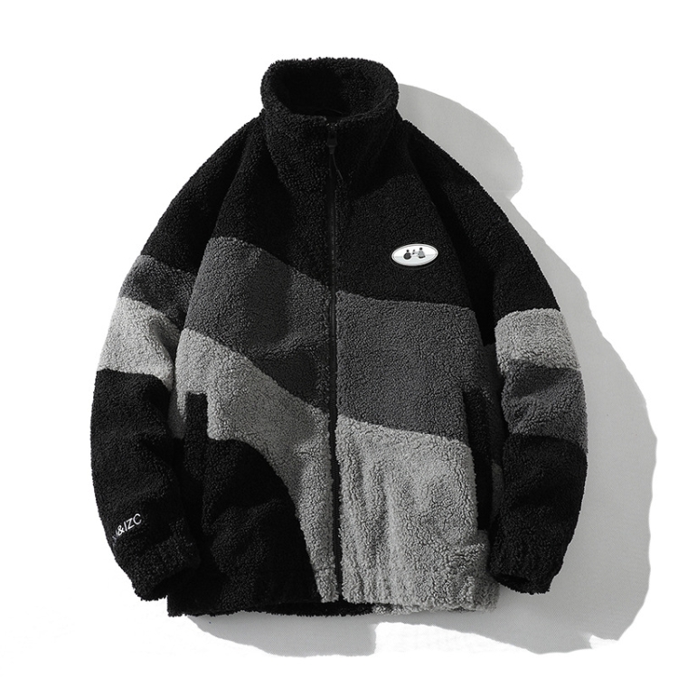 Loose Patchwork Colorblocked Lambskin Coat Men Jacket, Size: XXXL(Black)