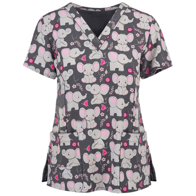 Loose Printed Hedging Thin T-shirt Nurse Uniform (Color:Gray Size:S)
