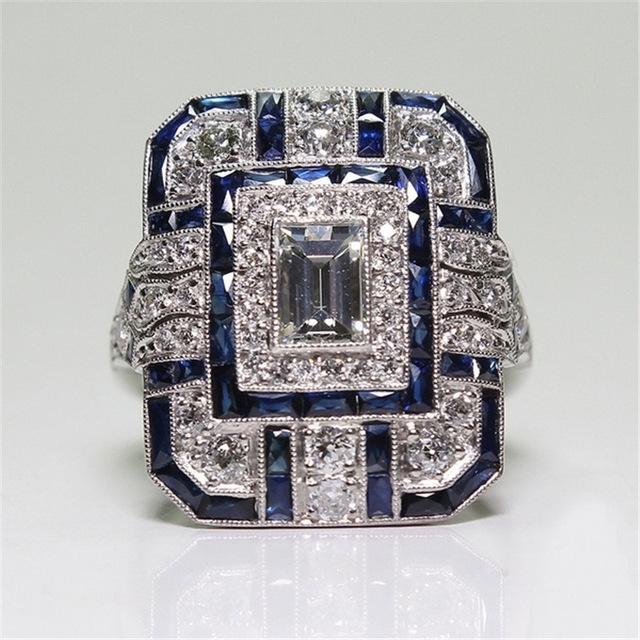 Luxury Square Women Crystal Zircon Engagement Ring, Ring Size:8(Blue)