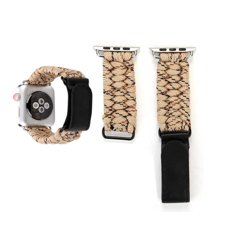 Magic Paste Genuine Leather Umbrella Rope Nylon Wrist Watch Band with and Stainless Steel Buckle for Apple Watch Series 10 42mm / 9&8&7 41mm / SE 3&SE 2&6&SE&5&4 40mm / 3&2&1 38mm(Gold)