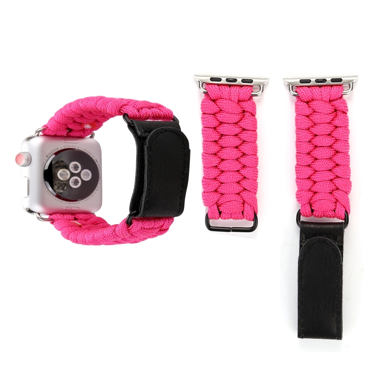 Magic Paste Genuine Leather Umbrella Rope Nylon Wrist Watch Band with and Stainless Steel Buckle for Apple Watch Series 10 42mm / 9&8&7 41mm / SE 3&SE 2&6&SE&5&4 40mm / 3&2&1 38mm(Magenta)