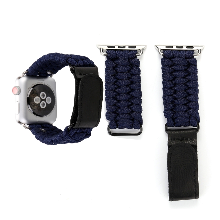 Magic Paste Genuine Leather Umbrella Rope Nylon Wrist Watch Band with Stainless Steel Buckle for Apple Watch Ultra 49mm&Watch Ultra 2 49mm / Series 10 46mm / 9&8&7 45mm / SE 3&SE 2&6&SE&5&4 44mm / 3&2&1 42mm(Dark Blue)