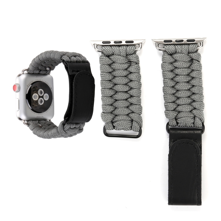 Magic Paste Genuine Leather Umbrella Rope Nylon Wrist Watch Band with Stainless Steel Buckle for Apple Watch Ultra 49mm&Watch Ultra 2 49mm / Series 10 46mm / 9&8&7 45mm / SE 3&SE 2&6&SE&5&4 44mm / 3&2&1 42mm(Grey)