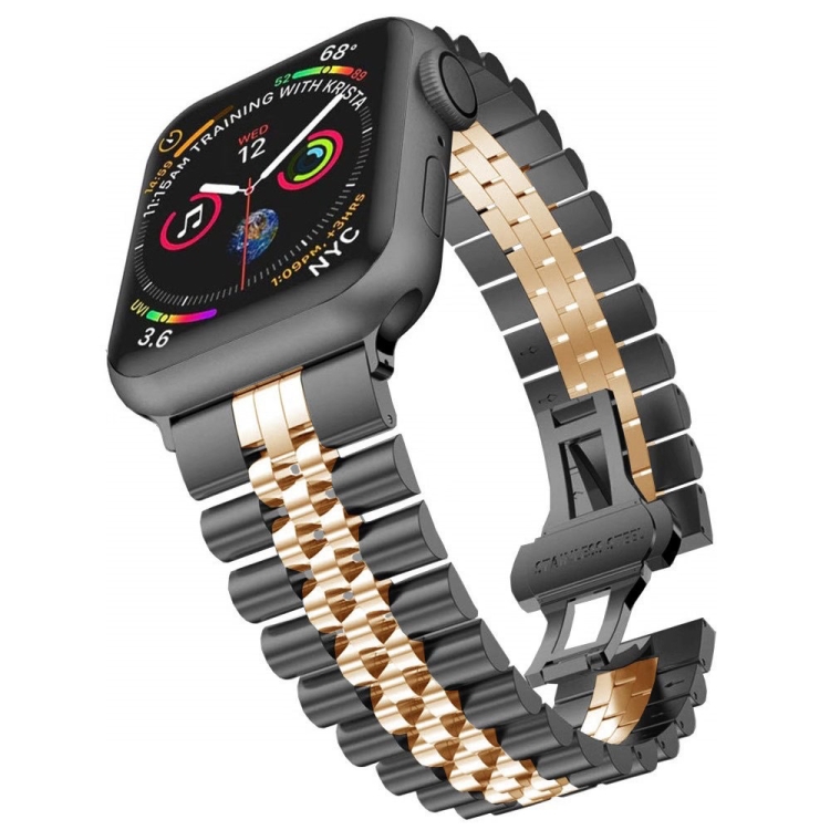 Man Five Beads Stainless Steel Watch Band, Width: 22mm For Apple Watch Series 9&8&7 41mm / SE 3&SE 2&6&SE&5&4 40mm / 3&2&1 38mm(Black + Rose Gold)