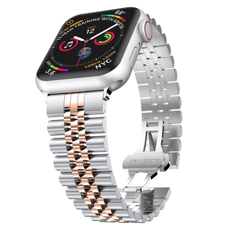 Man Five Beads Stainless Steel Watch Band, Width: 22mm For Apple Watch Series 9&8&7 41mm / SE 3&SE 2&6&SE&5&4 40mm / 3&2&1 38mm(Silver + Rose Gold)