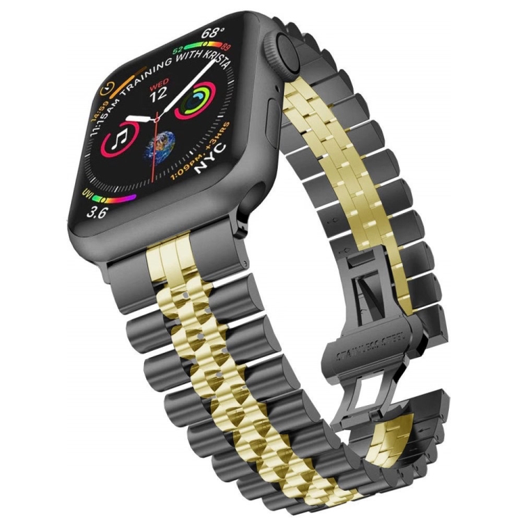 Man Five Beads Stainless Steel Watch Band, Width: 22mm For Apple Watch Ultra 49mm&Watch Ultra 2 49mm / Series 9&8&7 45mm / SE 3&SE 2&6&SE&5&4 44mm / 3&2&1 42mm(Black + Gold)