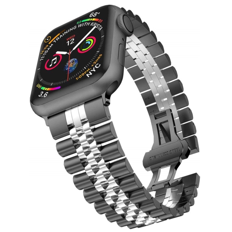 Man Five Beads Stainless Steel Watch Band, Width: 22mm For Apple Watch Ultra 49mm&Watch Ultra 2 49mm / Series 9&8&7 45mm / SE 3&SE 2&6&SE&5&4 44mm / 3&2&1 42mm(Black + Silver)
