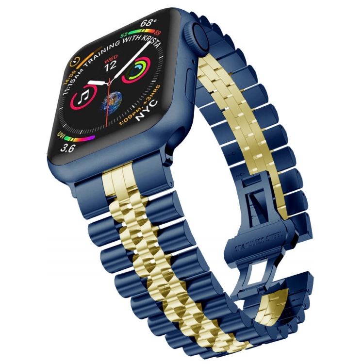 Man Five Beads Stainless Steel Watch Band, Width: 22mm For Apple Watch Ultra 49mm&Watch Ultra 2 49mm / Series 9&8&7 45mm / SE 3&SE 2&6&SE&5&4 44mm / 3&2&1 42mm(Blue + Gold)