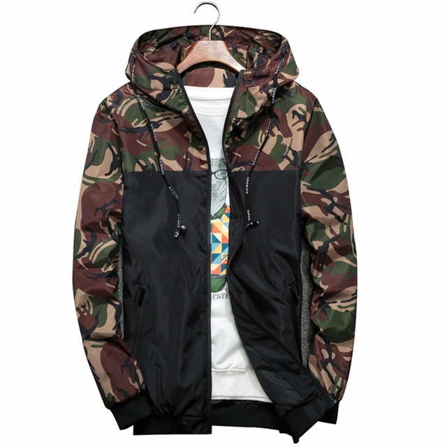 Men Bomber Jacket Thin Slim Long Sleeve Camouflage Military Jackets Hooded, Size: XL(Green)