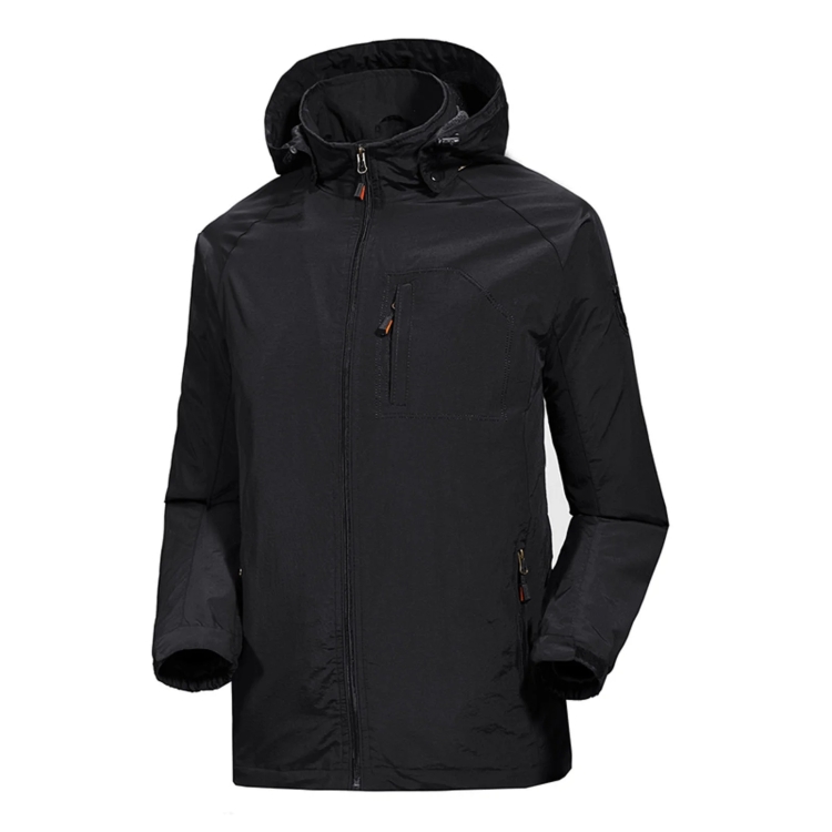 Men Casual Youth Full Zip Hooded Rainproof Jacket, Size: L(Black)