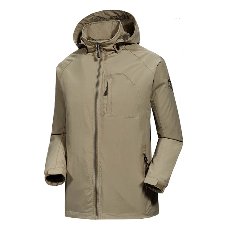 Men Casual Youth Full Zip Hooded Rainproof Jacket, Size: L(Khaki)