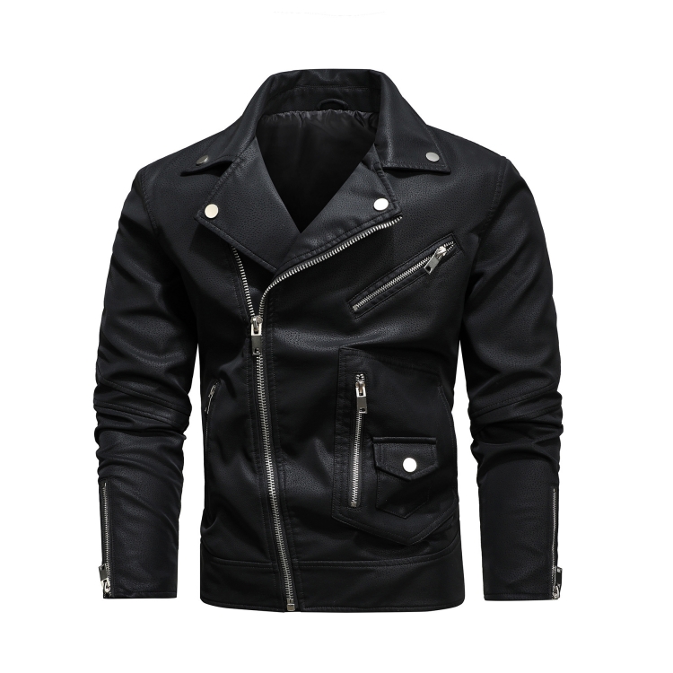 Men Fashion PU Lapel Leather Jacket, Size: 3XL(Black)
