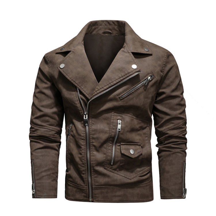 Men Fashion PU Lapel Leather Jacket, Size: XL(Brown)
