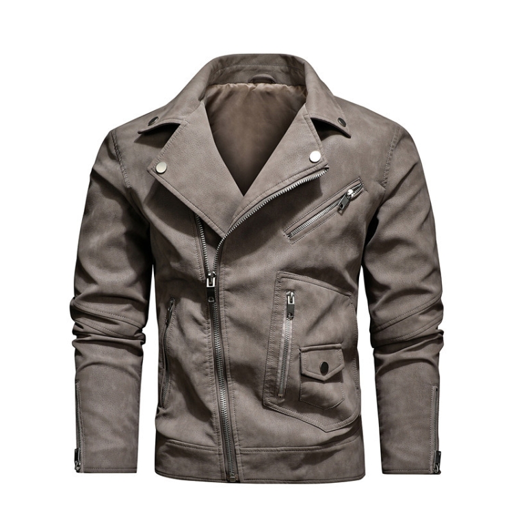 Men Fashion PU Lapel Leather Jacket, Size: XXL(Khaki)