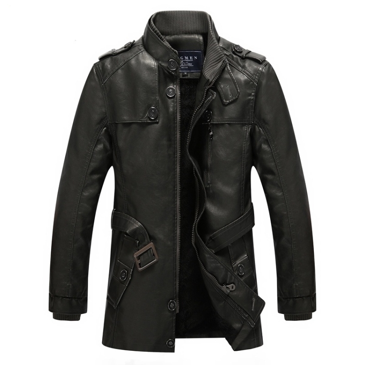 Men Long Style Leather Jacket Coat (Color:Black Grey Size:L)
