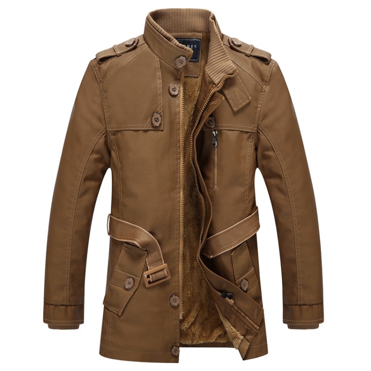 Men Long Style Leather Jacket Coat (Color:Khaki Size:M)