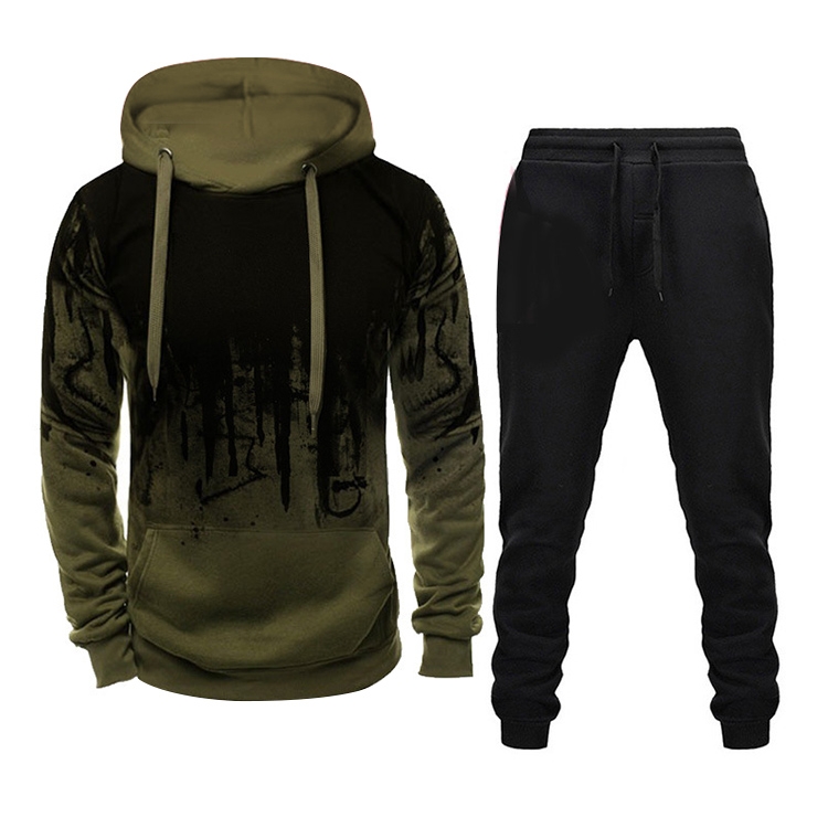 Men Loose Print Hoodie Sport Sweatshirt Set (Color:Army Green Size:L)