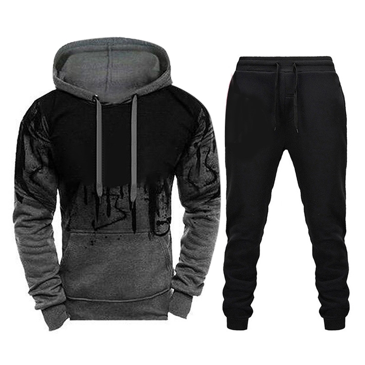 Men Loose Print Hoodie Sport Sweatshirt Set (Color:Grey Size:M)