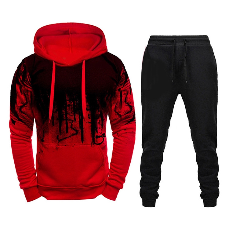 Men Loose Print Hoodie Sport Sweatshirt Set (Color:Red Size:XXL)