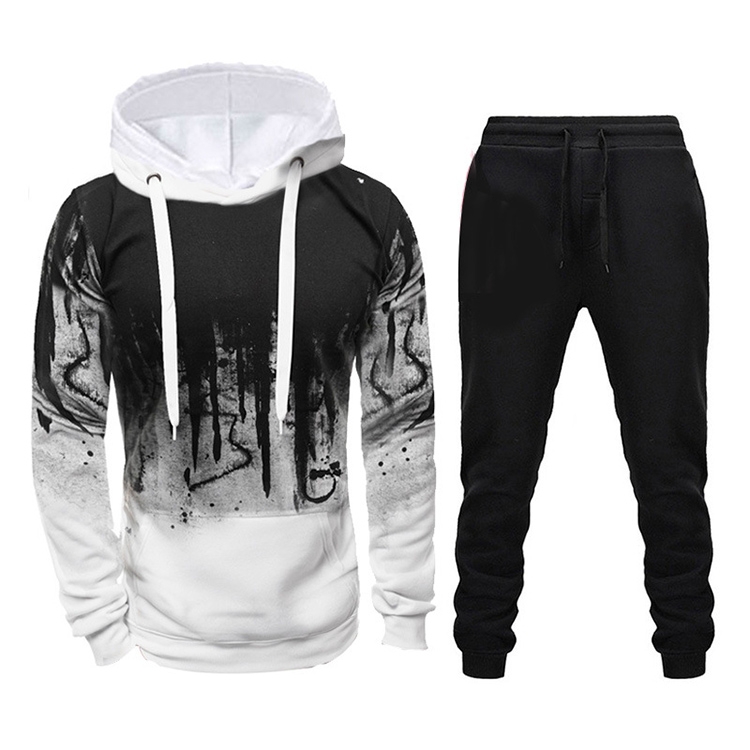 Men Loose Print Hoodie Sport Sweatshirt Set (Color:White Size:XXL)