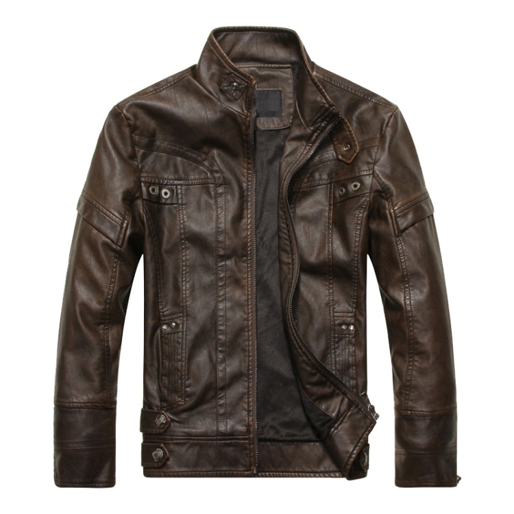 Men Plus Velvet Fashion Leather Jacket Motorcycle Coat (Color:Coffee Size:L)