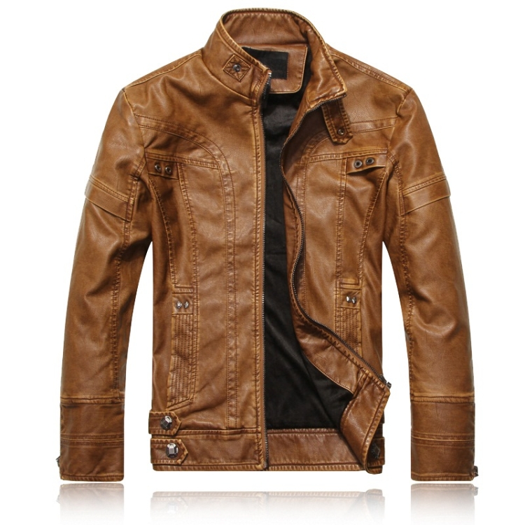 Men Plus Velvet Fashion Leather Jacket Motorcycle Coat (Color:Khaki Size:4XL)