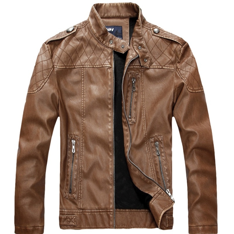 Men Plus Velvet Motorcycle Jacket Coat (Color:Khaki Size:XL)