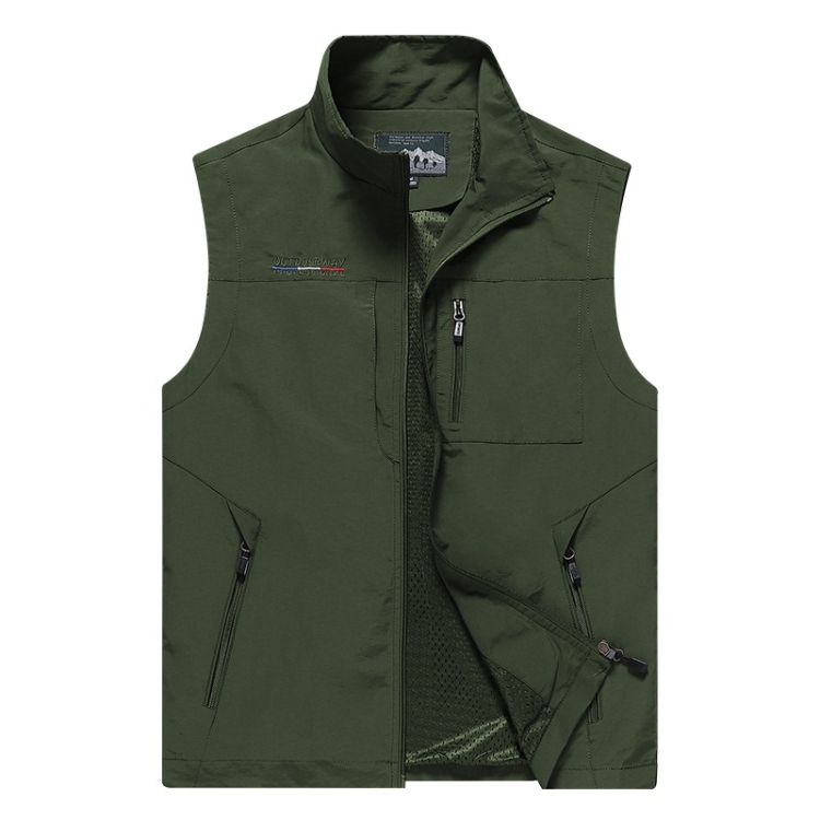 Men Sleeveless Stand Collar Loose Vest Multi-pockets Vest (Color:Army Green Size:M)
