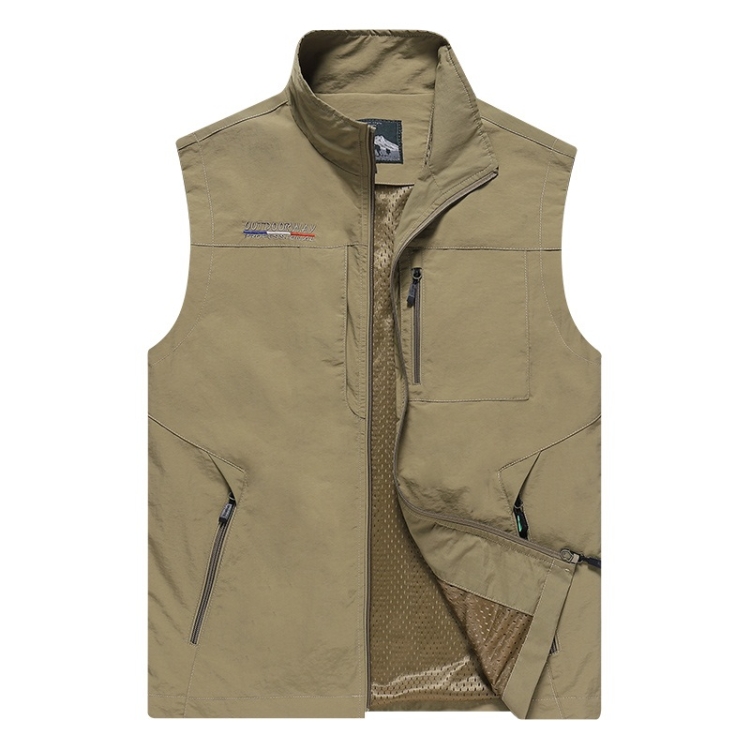 Men Sleeveless Stand Collar Loose Vest Multi-pockets Vest (Color:Khaki Size:5XL)
